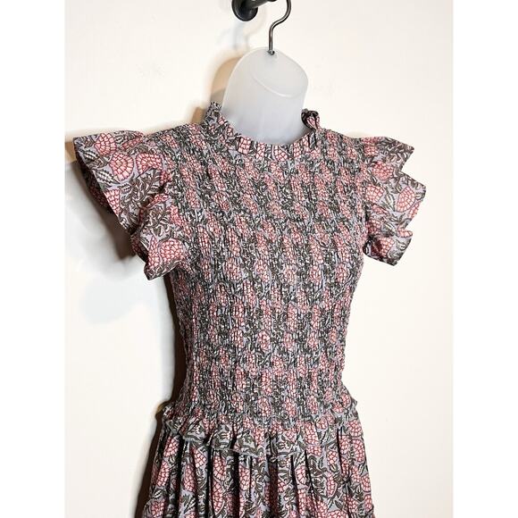 NWT PERRY WALKER Women’s Floral Ruffle Sleeve Smocked Tiered Midi Dress Size 2 - Picture 4 of 8
